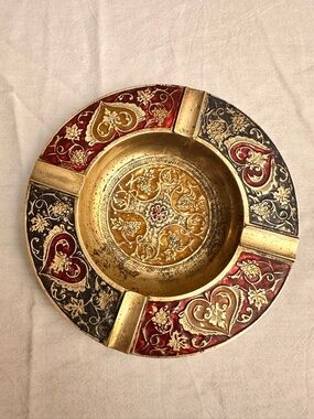 Vintage Brass Heart Etched 6” Ashtray Gold w/ Red And Black Design